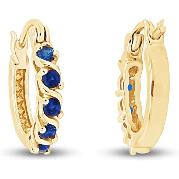 Gold Plated Blue Sapphire Hoop Earrings Sterling Silver Dainty Jewelry Gift - Picture 4 of 6